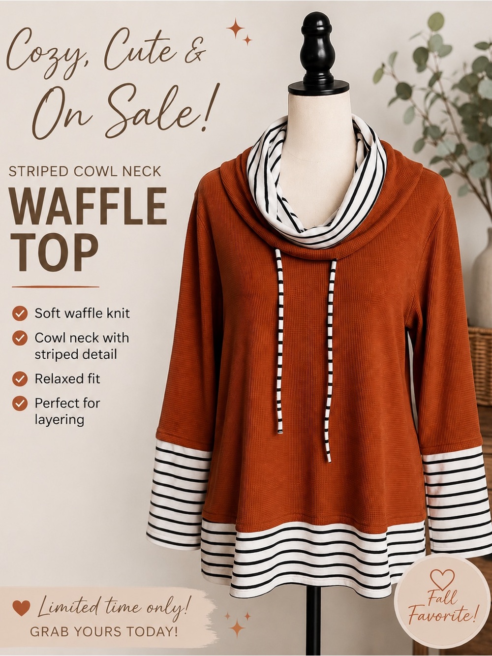 Striped Cowl Neck Waffle Top - Rust